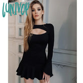 Lunivop Women Spring Sexy Long Sleeve Key Hole White Black Mini Pleated Bodycon Bandage Dress